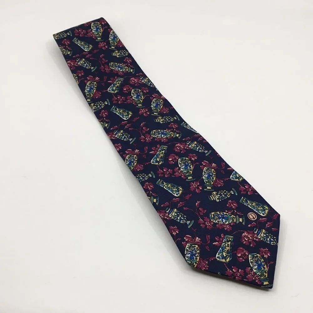 Dunhill Silk Floral Vase Classic Tie Navy and Burgundy